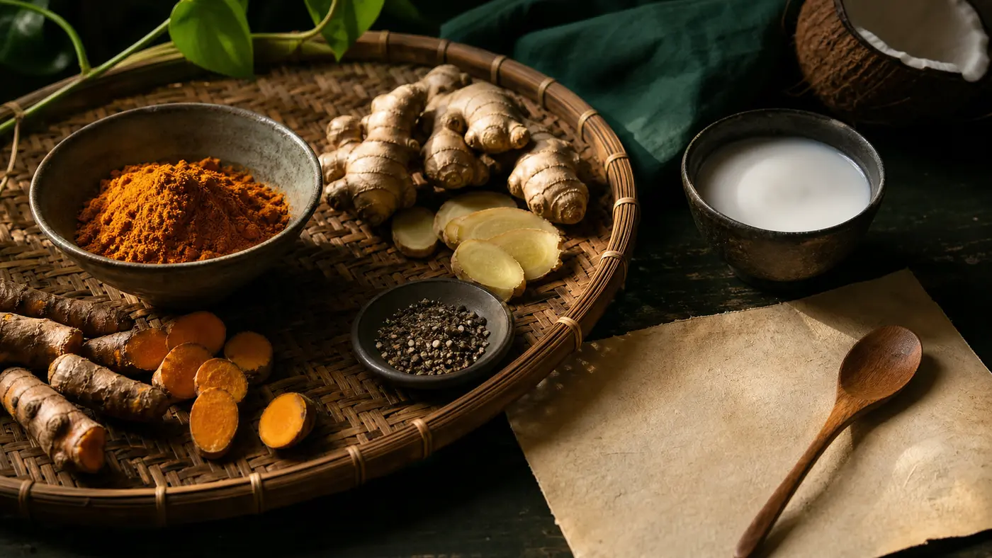 Turmeric powder, fresh turmeric, ginger, black pepper, and coconut milk arranged on a woven Filipino tray
