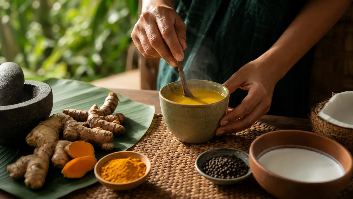Hands stirring golden turmeric tea beside fresh turmeric, black pepper, coconut milk, and woven Filipino kitchen textures